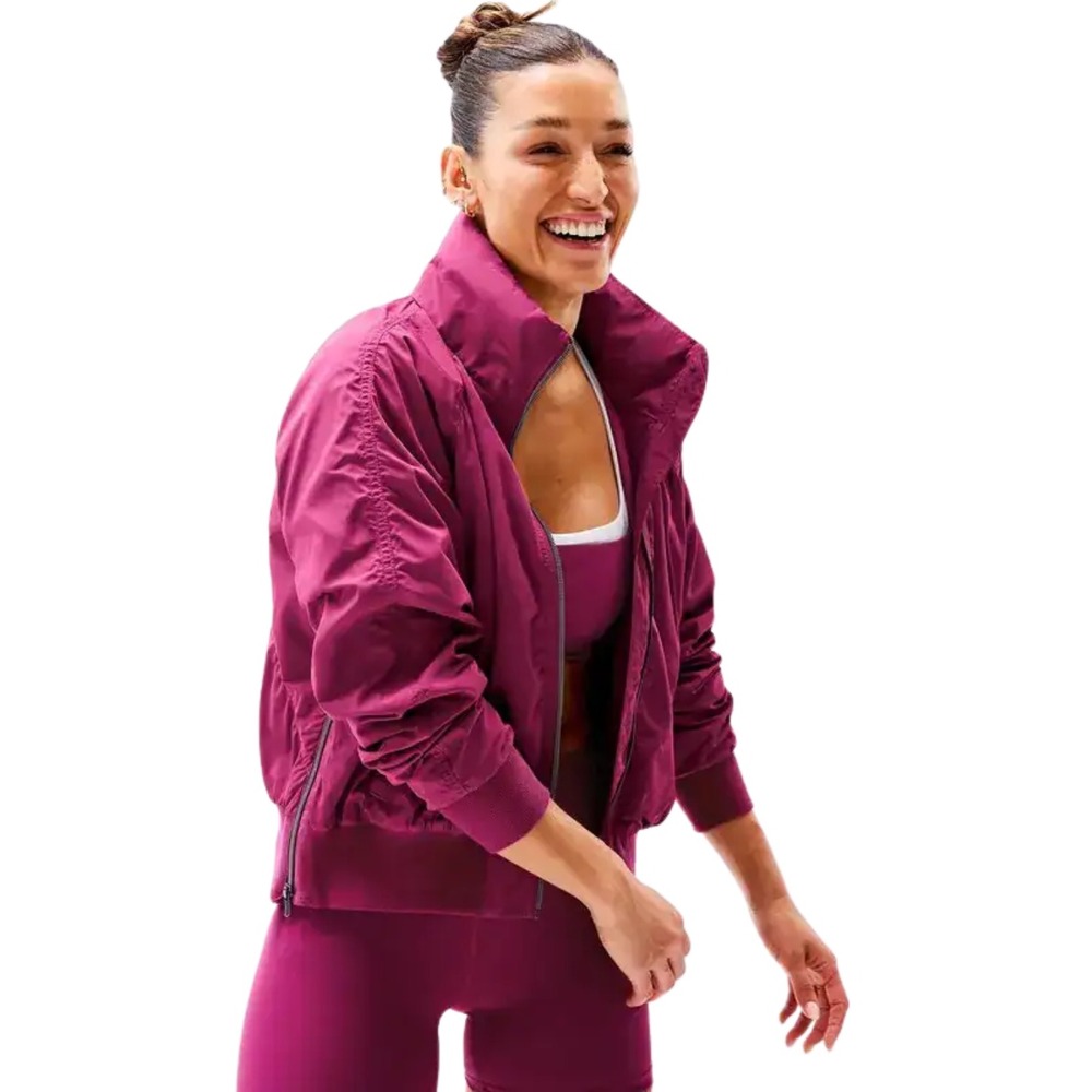 Athleta Jacket Womens Large Purple Jet Set Ruched Bomber Full Side Zip Athletic